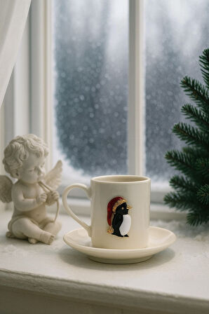 Yeni Yıl Özel 2'li Porselen Kupa Fincan Takımı | Altın Penguen Detaylı Altlıklı