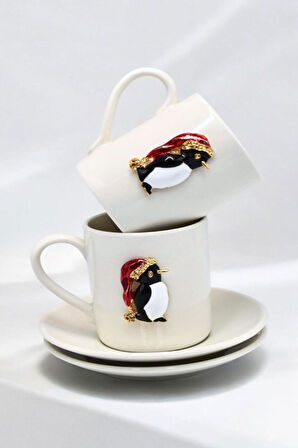 Yeni Yıl Özel 2'li Porselen Kupa Fincan Takımı | Altın Penguen Detaylı Altlıklı