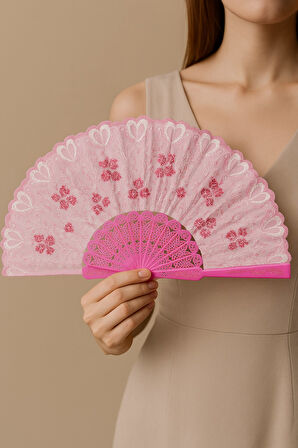 Pembe Dantelli Gelin Yelpazesi – Kına, Düğün, Bekarlığa Veda, Nedime Aksesuarı (42x24 cm)