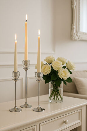 Gümüş Renkli 3'lü Kristal Cam Mumluk Seti & Gümüş Dekoratif Şamdan Takımı