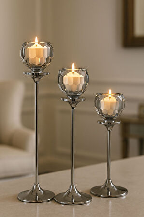Gümüş Renkli 3'lü Kristal Cam Mumluk Seti & Gümüş Dekoratif Şamdan Takımı