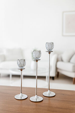 Gümüş Renkli 3'lü Kristal Cam Mumluk Seti & Gümüş Dekoratif Şamdan Takımı