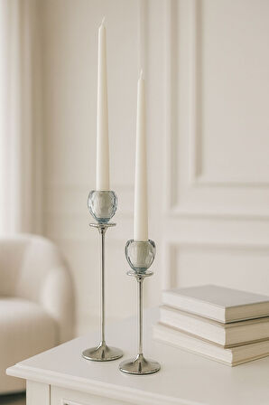 Gümüş Renkli 3'lü Kristal Cam Mumluk Seti & Gümüş Dekoratif Şamdan Takımı