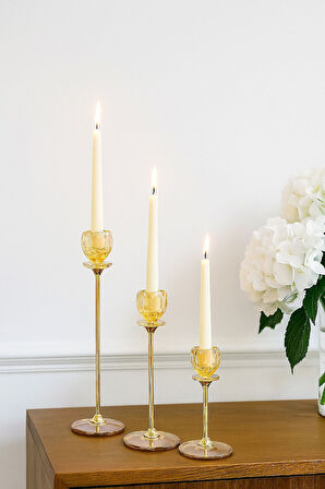 Altın Renkli 3'lü Kristal Cam Mumluk Seti & Altın Dekoratif Şamdan Takımı