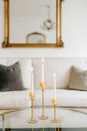 Altın Renkli 3'lü Kristal Cam Mumluk Seti & Altın Dekoratif Şamdan Takımı