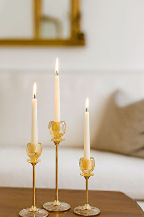 Altın Renkli 3'lü Kristal Cam Mumluk Seti & Altın Dekoratif Şamdan Takımı