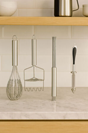 4'lü Paslanmaz Çelik Çırpıcı & Soyacak & Patates Ezici & Balon Çırpıcı Setİ