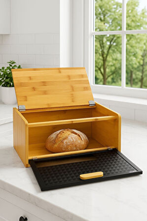 Lux Siyah Bambu Kapaklı Ekmek Kutusu & Ekmek Sepeti