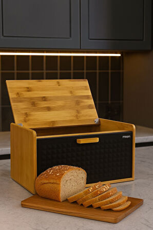 Lux Siyah Bambu Kapaklı Ekmek Kutusu & Ekmek Sepeti