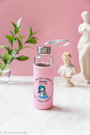 Pembe Kova Burcu Kılıflı Cam Matara 400ml