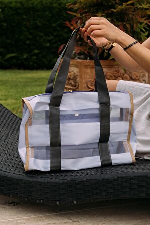 Classic City Bag Lila Çizgili Şeffaf XL Plaj Çantası / Omuz ve Kol Çanta