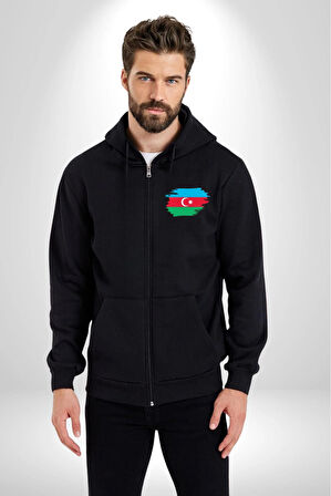 Azerbeycan Bayrağı Kadın Erkek Siyah Kapüşonlu Fermuarlı Baskılı Hırka Sweatshirt