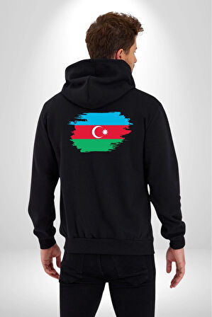 Azerbeycan Bayrağı Kadın Erkek Siyah Kapüşonlu Fermuarlı Baskılı Hırka Sweatshirt