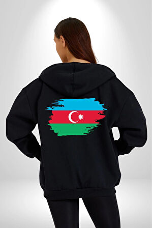 Azerbeycan Bayrağı Kadın Erkek Siyah Kapüşonlu Fermuarlı Baskılı Hırka Sweatshirt