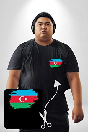 Azerbeycan Bayrağı Siyah Büyük Beden Kadın Basic Minimal Baskılı Tişört