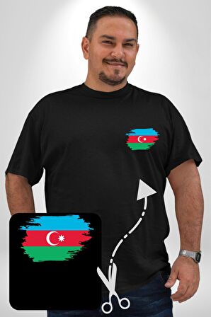 Azerbeycan Bayrağı Siyah Büyük Beden Kadın Basic Minimal Baskılı Tişört