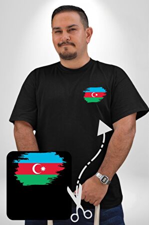 Azerbeycan Bayrağı Siyah Büyük Beden Kadın Basic Minimal Baskılı Tişört