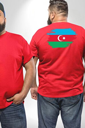 Azerbeycan Bayrağı Büyük Beden Kırmızı Tişört Kadın Erkek Ünisex Sırt Baskılı