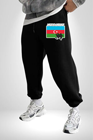 Azerbeycan Bayrak Ülke  3 İplik Erkek Baskılı Siyah Eşofman Altı