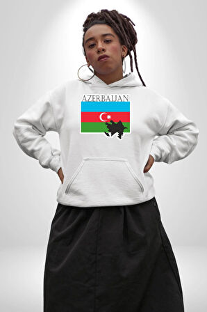 Azerbeycan Bayrak Ülke  Kadın Erkek  Beyaz Kapüşonlu Sweatshirt Hoodie