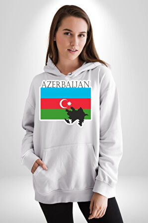 Azerbeycan Bayrak Ülke  Kadın Erkek  Beyaz Kapüşonlu Sweatshirt Hoodie