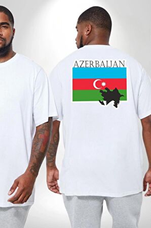 Azerbeycan Bayrak Ülke  Büyük Beden Beyaz Tişört Kadın Erkek Ünisex Sırt Baskılı