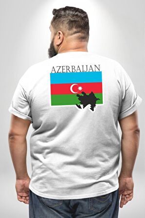 Azerbeycan Bayrak Ülke  Büyük Beden Beyaz Tişört Kadın Erkek Ünisex Sırt Baskılı