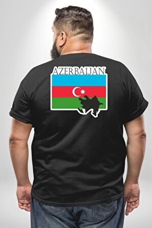 Azerbeycan Bayrak Ülke  Büyük Beden Siyah Tişört Kadın Erkek Ünisex Sırt Baskılı
