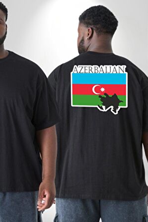 Azerbeycan Bayrak Ülke  Büyük Beden Siyah Tişört Kadın Erkek Ünisex Sırt Baskılı