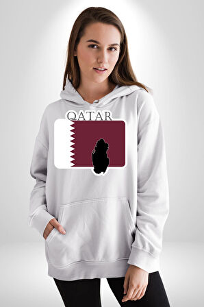 Katar Bayrağı Kadın Erkek  Beyaz Kapüşonlu Sweatshirt Hoodie