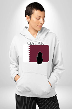 Katar Bayrağı Kadın Erkek  Beyaz Kapüşonlu Sweatshirt Hoodie