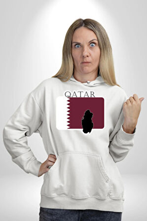 Katar Bayrağı Kadın Erkek  Beyaz Kapüşonlu Sweatshirt Hoodie