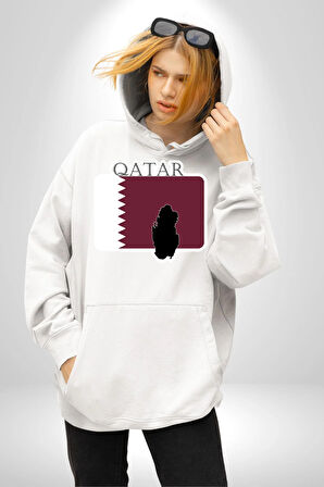 Katar Bayrağı Kadın Erkek  Beyaz Kapüşonlu Sweatshirt Hoodie