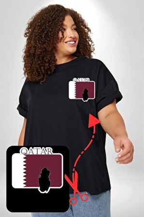 Katar Bayrağı Siyah Büyük Beden Kadın Basic Minimal Baskılı Tişört