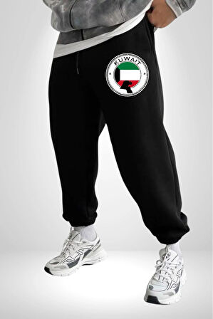 Kuveyt Bayrağı 3 İplik Erkek Baskılı Siyah Eşofman Altı