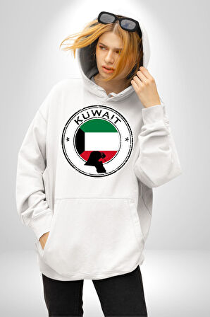 Kuveyt Bayrağı Kadın Erkek  Beyaz Kapüşonlu Sweatshirt Hoodie