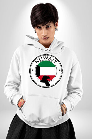 Kuveyt Bayrağı Kadın Erkek  Beyaz Kapüşonlu Sweatshirt Hoodie
