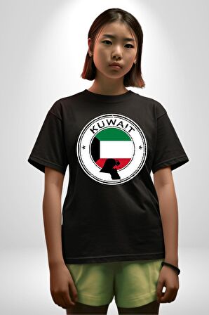 Kuveyt Bayrağı Pamuklu Bisiklet Yaka Kadın Erkek Oversize Boyfriend Dijital Baskılı Siyah T-shirt