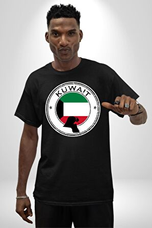 Kuveyt Bayrağı Pamuklu Bisiklet Yaka Kadın Erkek Oversize Boyfriend Dijital Baskılı Siyah T-shirt