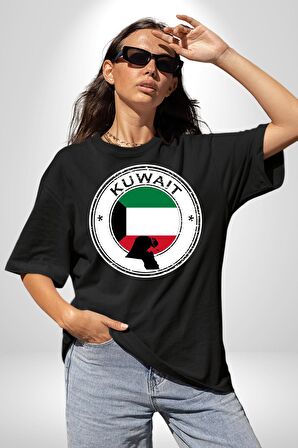 Kuveyt Bayrağı Pamuklu Bisiklet Yaka Kadın Erkek Oversize Boyfriend Dijital Baskılı Siyah T-shirt
