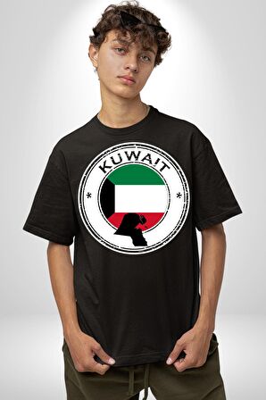Kuveyt Bayrağı Pamuklu Bisiklet Yaka Kadın Erkek Oversize Boyfriend Dijital Baskılı Siyah T-shirt