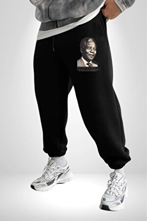 Nelson Mandela 3 İplik Erkek Baskılı Siyah Eşofman Altı