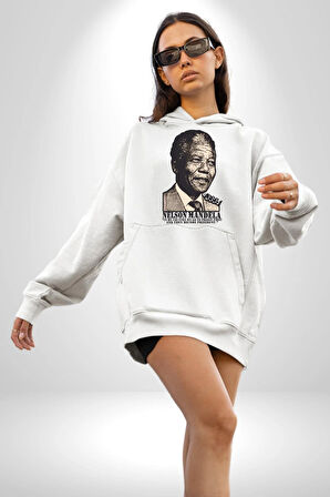 Nelson Mandela Kadın Erkek  Beyaz Kapüşonlu Sweatshirt Hoodie