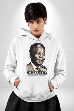 Nelson Mandela Kadın Erkek  Beyaz Kapüşonlu Sweatshirt Hoodie