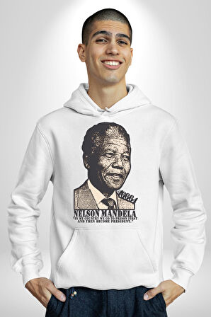 Nelson Mandela Kadın Erkek  Beyaz Kapüşonlu Sweatshirt Hoodie