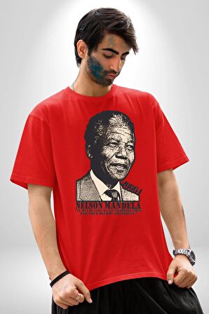 Nelson Mandela Pamuklu Bisiklet Yaka Kadın Erkek Oversize Boyfriend Dijital Baskılı Kırmızı T-shirt