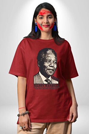 Nelson Mandela Pamuklu Bisiklet Yaka Kadın Erkek Oversize Boyfriend Dijital Baskılı Kırmızı T-shirt