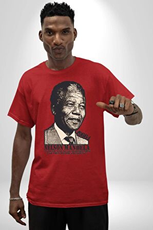 Nelson Mandela Pamuklu Bisiklet Yaka Kadın Erkek Oversize Boyfriend Dijital Baskılı Kırmızı T-shirt