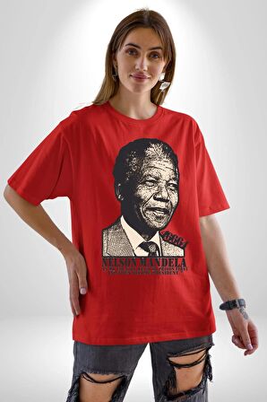 Nelson Mandela Pamuklu Bisiklet Yaka Kadın Erkek Oversize Boyfriend Dijital Baskılı Kırmızı T-shirt