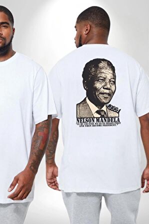 Nelson Mandela Büyük Beden Beyaz Tişört Kadın Erkek Ünisex Sırt Baskılı